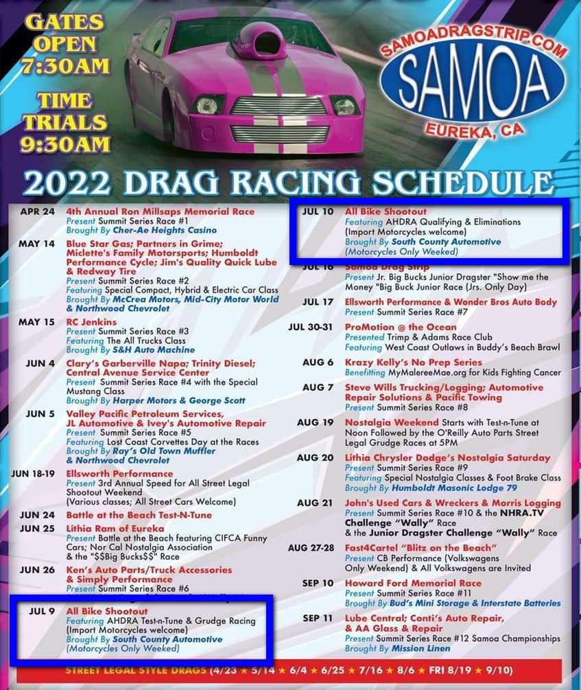 Samoa Dragstrip 2022 Calendar featuring All Bike Shootout July 9-10